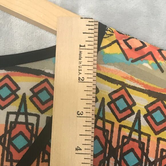 Ali Miles Top Womens 1X Orange Blue Geometric Print Semi Sheer V Neck Front Tie - Picture 9 of 10